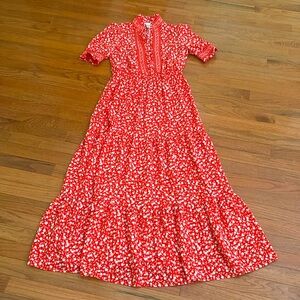 LONDON TIMES Red & White Floral Bohemian Cottagecore Elastic Waist Maxi Dress